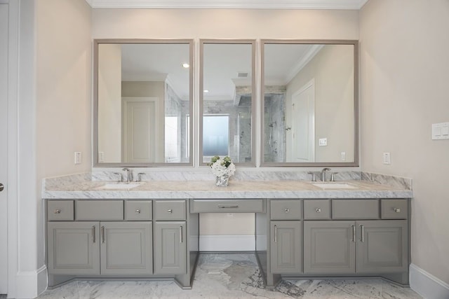 2319 Wyndam Heights Ln, Houston, TX 77077 - bathroom featuring double vanity, marble finish floors, ornamental molding, a marble finish shower, and baseboards