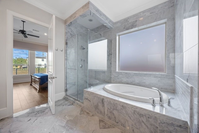 2319 Wyndam Heights Ln, Houston, TX 77077 - full bathroom featuring ornamental molding, a bath, connected bathroom, a shower stall, and baseboards