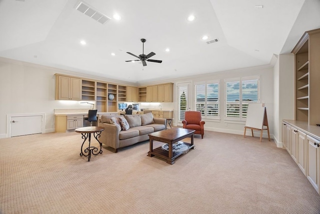 2319 Wyndam Heights Ln, Houston, TX 77077 - living room with light colored carpet, ornamental molding, recessed lighting, baseboards, and ceiling fan