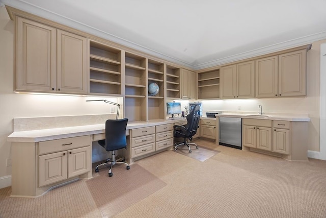 2319 Wyndam Heights Ln, Houston, TX 77077 - office with built in desk, light colored carpet, a sink, and baseboards