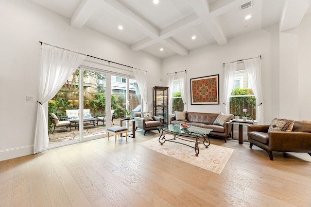 1433 Alexander St, Houston, TX 77008 - living room featuring plenty of natural light, beamed ceiling, wood-type flooring, coffered ceiling, and recessed lighting