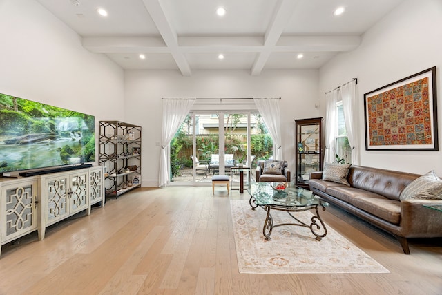 1433 Alexander St, Houston, TX 77008 - living room featuring healthy amount of natural light, beamed ceiling, wood finished floors, coffered ceiling, and recessed lighting