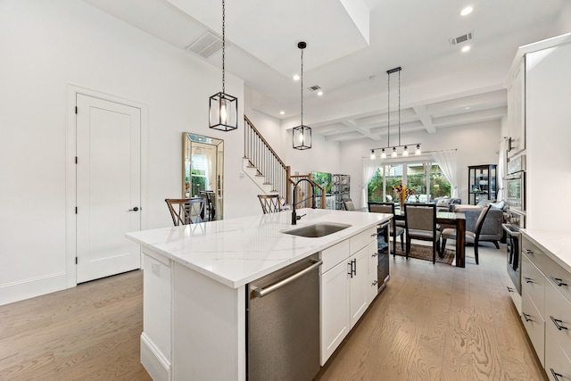 1433 Alexander St, Houston, TX 77008 - kitchen with appliances with stainless steel finishes, a sink, light wood-type flooring, coffered ceiling, and recessed lighting
