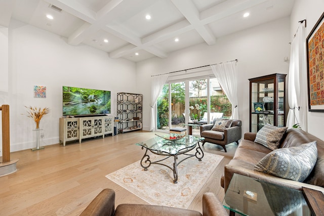 1433 Alexander St, Houston, TX 77008 - living room with a high ceiling, light wood-type flooring, beamed ceiling, coffered ceiling, and recessed lighting