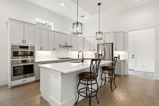 1433 Alexander St, Houston, TX 77008 - kitchen featuring a sink, stainless steel appliances, a towering ceiling, light wood-type flooring, and under cabinet range hood