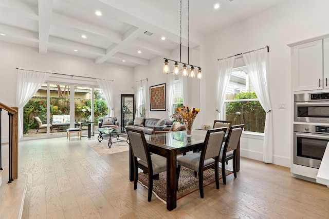 1433 Alexander St, Houston, TX 77008 - dining area featuring recessed lighting, light wood-type flooring, plenty of natural light, beamed ceiling, and baseboards