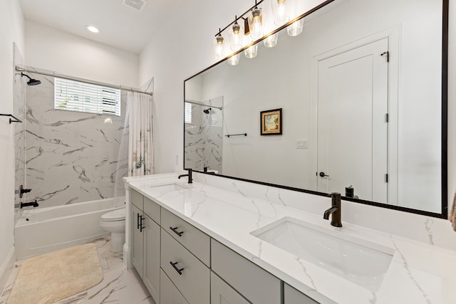 1433 Alexander St, Houston, TX 77008 - bathroom featuring shower / tub combo, marble finish floors, toilet, double vanity, and recessed lighting