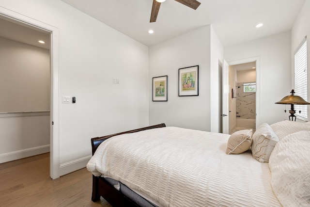1433 Alexander St, Houston, TX 77008 - bedroom featuring light wood-style flooring, recessed lighting, ceiling fan, baseboards, and connected bathroom