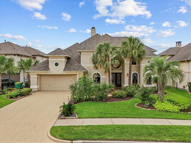 2905 Sea Channel Dr, Seabrook, TX 77586 - view of front of property with stucco siding, a garage, driveway, a front lawn, and a chimney