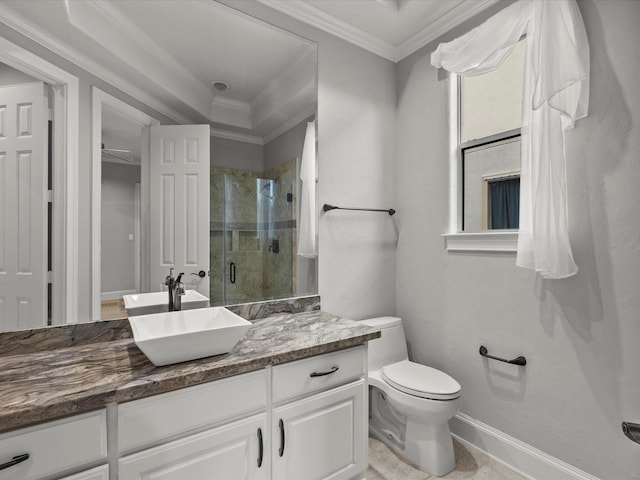 2905 Sea Channel Dr, Seabrook, TX 77586 - full bath with crown molding, a stall shower, vanity, toilet, and baseboards