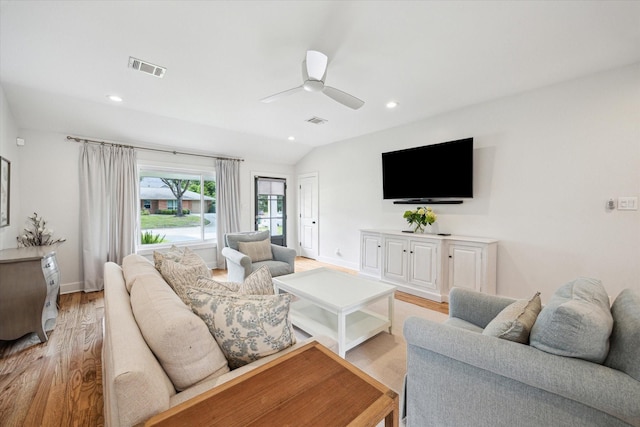 2218 Gardenia Dr, Houston, TX 77018 - living room featuring a ceiling fan, light wood finished floors, recessed lighting, baseboards, and lofted ceiling