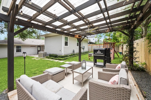 2218 Gardenia Dr, Houston, TX 77018 - view of patio / terrace featuring outdoor lounge area, a pergola, and central AC unit