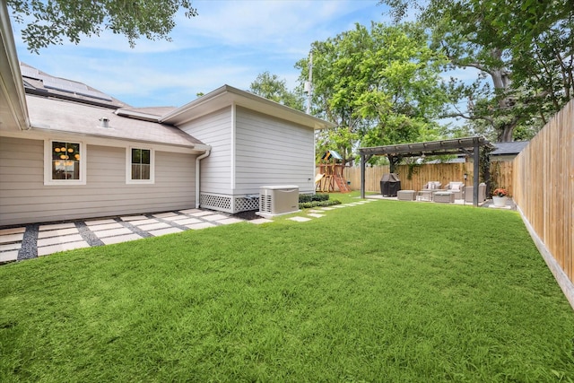 2218 Gardenia Dr, Houston, TX 77018 - view of yard featuring a patio area, a playground, outdoor lounge area, and a pergola