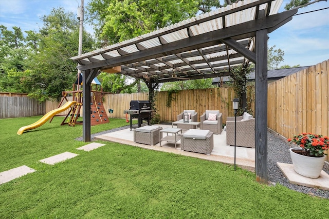 2218 Gardenia Dr, Houston, TX 77018 - view of yard featuring a playground, outdoor lounge area, a pergola, and a patio