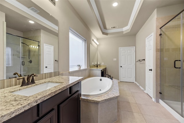 399 Black Walnut Dr, Conroe, TX 77304 - full bath featuring vanity, a stall shower, a garden tub, tile patterned flooring, and recessed lighting