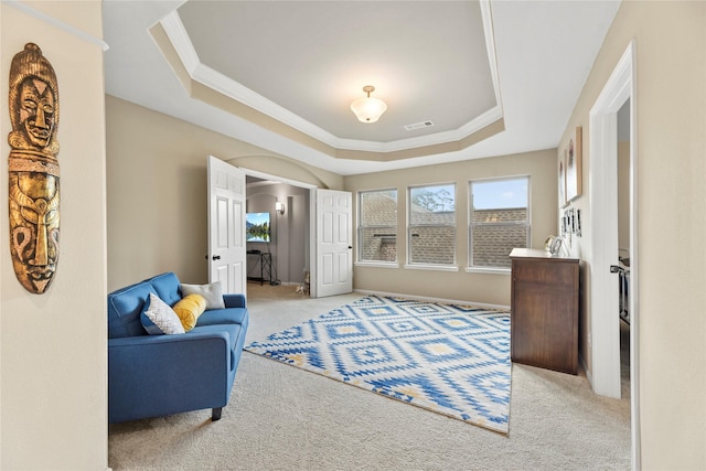399 Black Walnut Dr, Conroe, TX 77304 - living area with carpet, a raised ceiling, crown molding, and arched walkways