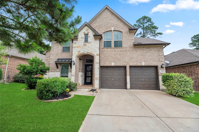 399 Black Walnut Dr, Conroe, TX 77304 - french country home featuring brick siding, a garage, driveway, a front lawn, and roof with shingles