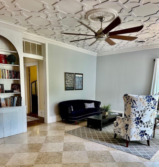 1309 Broadway St, Galveston, TX 77550 - living room with ceiling fan, ornamental molding, baseboards, and built in features