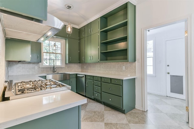 1309 Broadway St, Galveston, TX 77550 - kitchen with green cabinets, a sink, open shelves, and light countertops