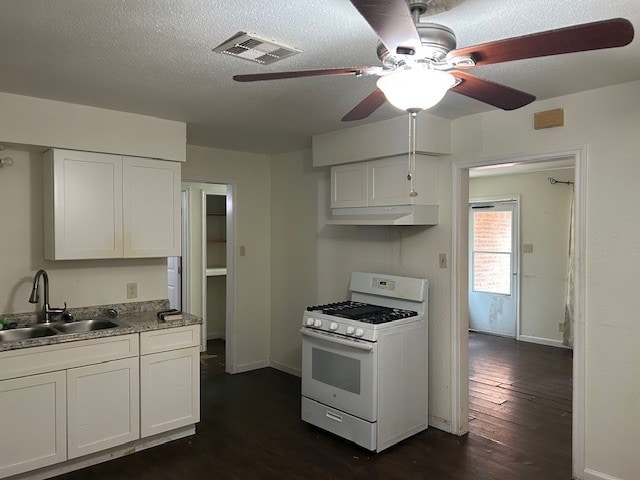 6619 Carver Ave, Hitchcock, TX 77563 - kitchen with white gas range, a sink, dark wood-style floors, a ceiling fan, and under cabinet range hood