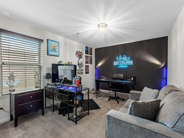 14306 Cedar Pine Ct, Houston, TX 77068 - home office featuring light colored carpet, baseboards, and a chandelier