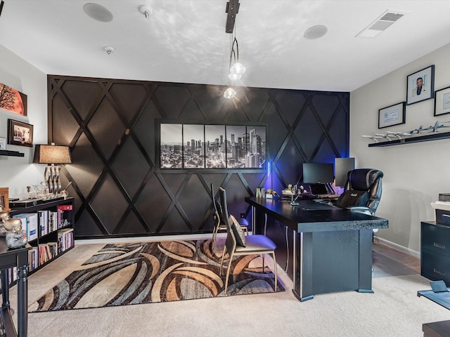 14306 Cedar Pine Ct, Houston, TX 77068 - office area with carpet floors, a decorative wall, baseboards, and an accent wall