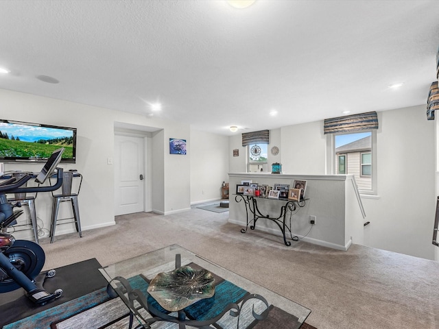 14306 Cedar Pine Ct, Houston, TX 77068 - living area featuring carpet floors, recessed lighting, a textured ceiling, and baseboards