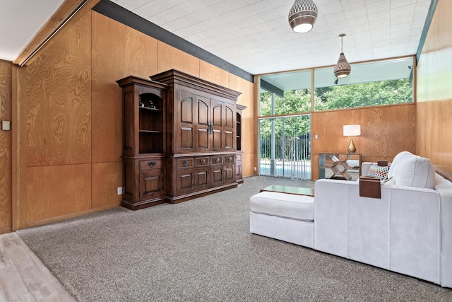 1240 Oakcrest Cir, Beaumont, TX 77706 - carpeted living area featuring wood walls and a wall of windows