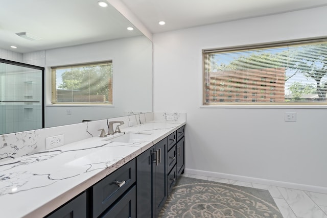 1240 Oakcrest Cir, Beaumont, TX 77706 - full bathroom featuring vanity, recessed lighting, a shower with door, and baseboards