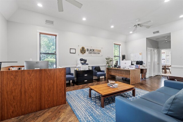 344 Harvard St, Houston, TX 77007 - living area with a ceiling fan, an office area, wood finished floors, and recessed lighting