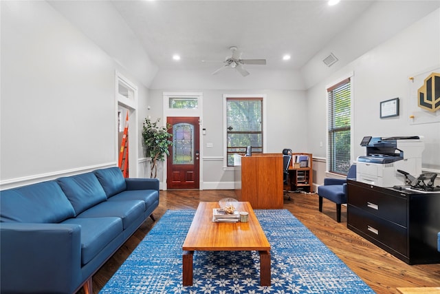344 Harvard St, Houston, TX 77007 - living room featuring recessed lighting, ceiling fan, wood finished floors, and baseboards