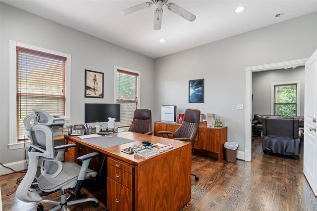 344 Harvard St, Houston, TX 77007 - office area with ceiling fan, dark wood-type flooring, recessed lighting, and baseboards