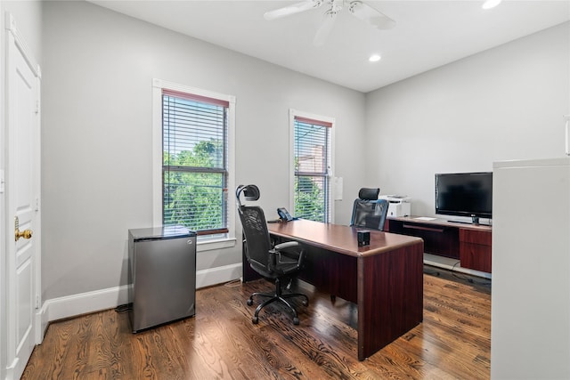344 Harvard St, Houston, TX 77007 - office space with a ceiling fan, baseboards, dark wood-type flooring, and recessed lighting