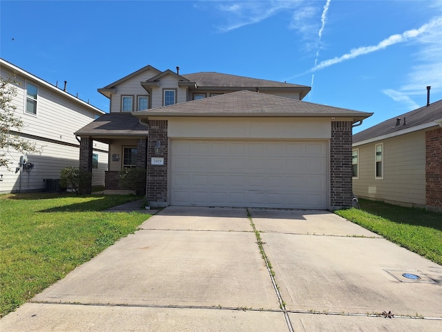 2419 Fort Baldy Trl, Humble, TX 77396 - view of front of house featuring brick siding, concrete driveway, an attached garage, a front lawn, and a shingled roof