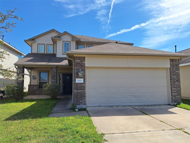2419 Fort Baldy Trl, Humble, TX 77396 - view of front of property with brick siding, concrete driveway, a garage, a front yard, and roof with shingles