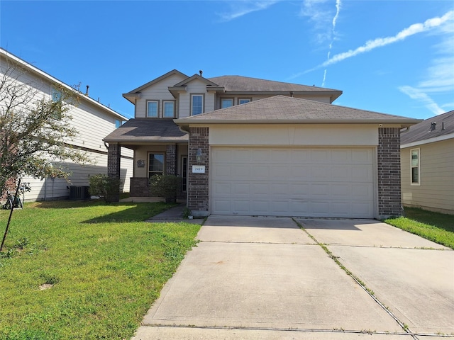 2419 Fort Baldy Trl, Humble, TX 77396 - view of front of property featuring brick siding, central AC, driveway, a front lawn, and an attached garage