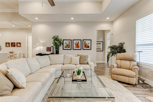 321 Twin Timbers Ln, Kemah, TX 77565 - living room with recessed lighting, wood finished floors, baseboards, and ceiling fan