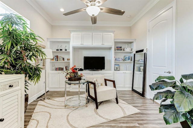 321 Twin Timbers Ln, Kemah, TX 77565 - living area with light wood-style floors, a ceiling fan, ornamental molding, and recessed lighting