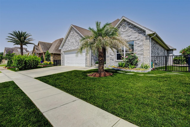321 Twin Timbers Ln, Kemah, TX 77565 - ranch-style home featuring driveway, a garage, stone siding, and brick siding