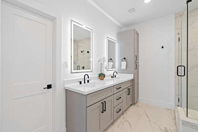 3848 Seabrook St, Houston, TX 77021 - full bath with a marble finish shower, marble finish flooring, double vanity, baseboards, and recessed lighting