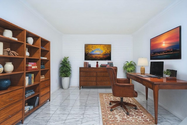 12251 Sharpview Dr, Houston, TX 77072 - office area featuring marble look tiles and crown molding