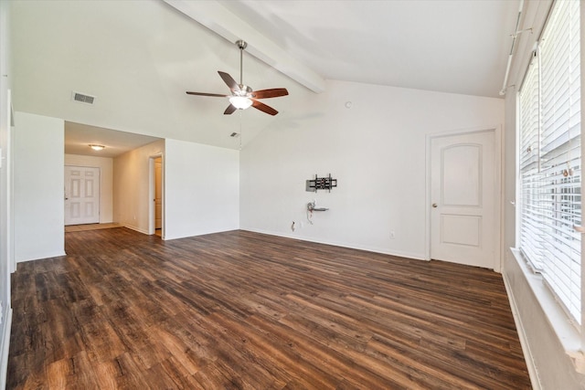 5002 Manor Stone Ln, Rosenberg, TX 77469 - unfurnished room featuring a ceiling fan, dark wood-type flooring, beam ceiling, and high vaulted ceiling