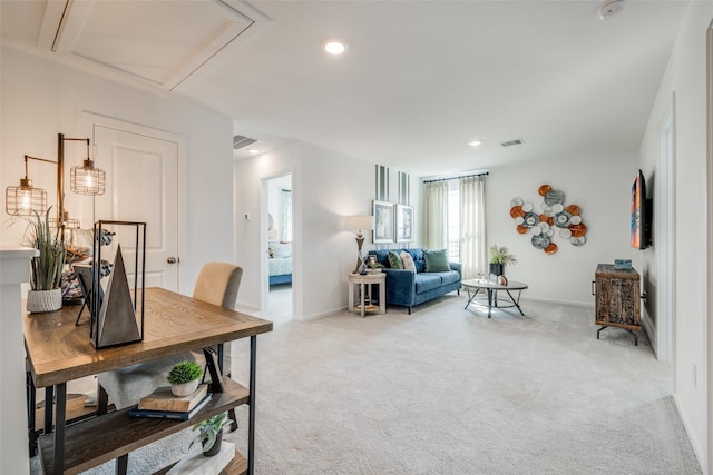 3025 Wild Dunes Dr, Katy, TX 77493 - living room with attic access, carpet flooring, baseboards, and recessed lighting