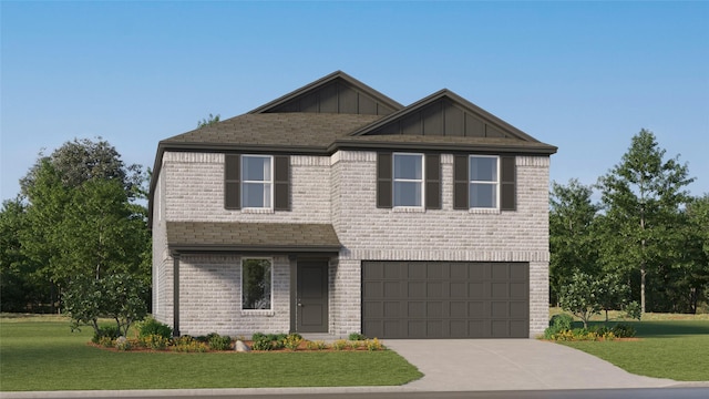 3025 Wild Dunes Dr, Katy, TX 77493 - craftsman house featuring brick siding, an attached garage, board and batten siding, concrete driveway, and a front lawn