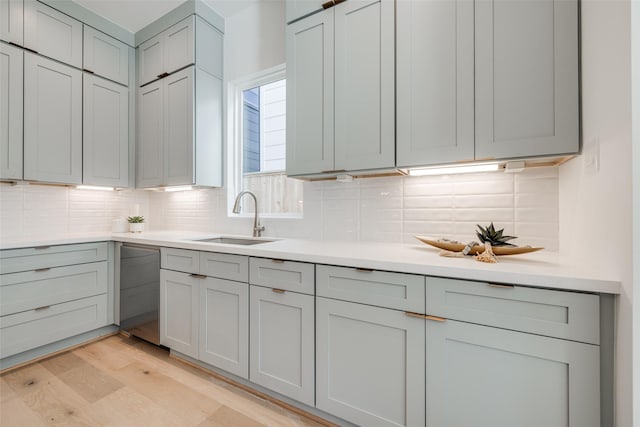 2015 Hopkins St, Houston, TX 77006 - kitchen with a sink, gray cabinetry, backsplash, and light countertops