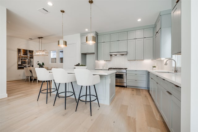2015 Hopkins St, Houston, TX 77006 - kitchen featuring appliances with stainless steel finishes, a sink, under cabinet range hood, light wood-style flooring, and recessed lighting