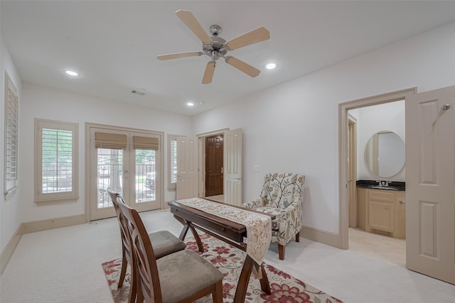 2034 Colquitt St Unit A, Houston, TX 77098 - home office featuring light carpet, french doors, baseboards, a ceiling fan, and recessed lighting