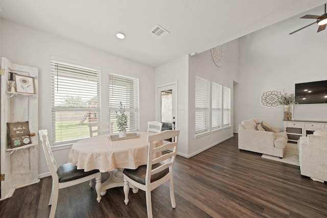 358 Cavil Barrier Ln, La Porte, TX 77571 - dining room featuring dark wood finished floors, ceiling fan, baseboards, and recessed lighting