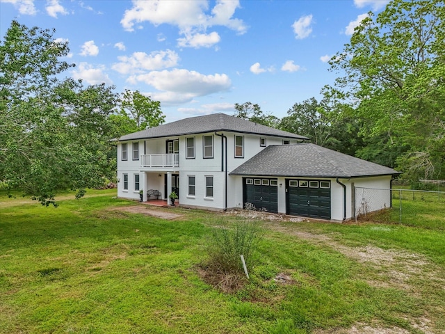 3422 N Elm Rd, Santa Fe, TX 77517 - view of front of house featuring a balcony, dirt driveway, an attached garage, a shingled roof, and stucco siding