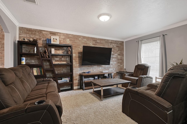 7162 Crownwest St Unit 7162, Houston, TX 77072 - living area featuring brick wall, arched walkways, crown molding, carpet flooring, and a textured ceiling